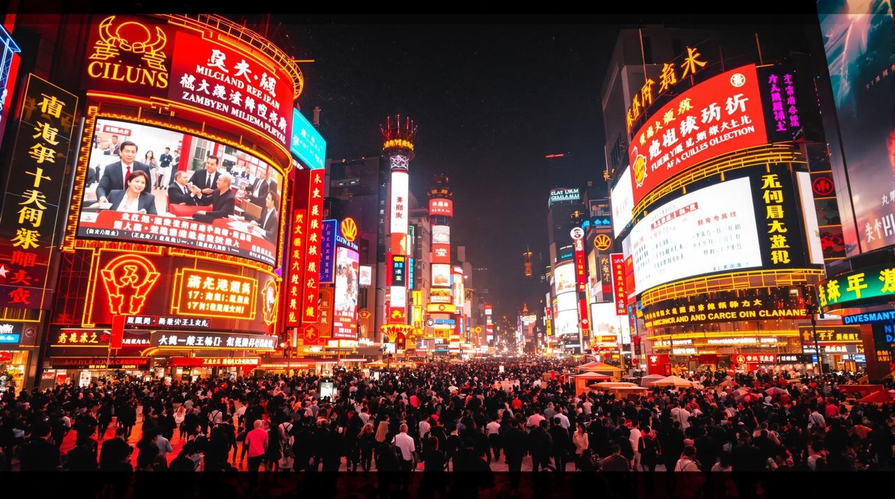 最新热瓜 - 人声鼎沸的资讯广场夜景